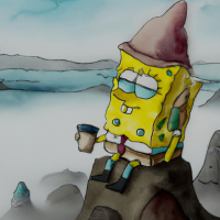 SpongeBob Schwammkopf verkleidet als Postbote, der eine Tasse Kaffee in einer Berglandschaft trinkt, Aquarelle von 5 Jahren