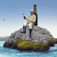 Ein Seemann sitzt mit einer Bierflasche auf einer einsammeln Insel  