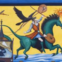 Don Guichotte verkleidet als mittelalterlicher Ritter, der auf einem Pterodaktylus auf der Rückseite eines Busses reitet, Barockmalerei