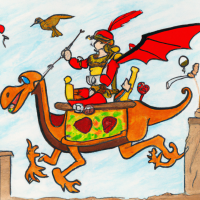 Super Mario verkleidet als mittelalterlicher Ritter, der auf einem Pterodaktylus auf der Rückseite eines Busses reitet, Barockmalerei