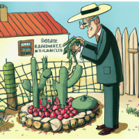 Ein Kaktus sitzt neben Zwiebelringen auf einem Bauernhof, Cartoon der 1960er Jahre