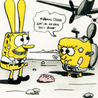 SpongeBob Schwammkopf im Gespräch mit einer Maus auf einem Flughafen, Cartoon der 1960er Jahre