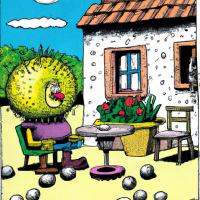 Ein Kaktus sitzt neben Zwiebelringen auf einem Bauernhof, Cartoon der 1980er Jahre