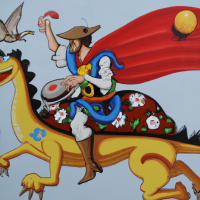 Super Mario verkleidet als mittelalterlicher Ritter, der auf einem Pterodaktylus auf der Rückseite eines Busses reitet, Barockmalerei
