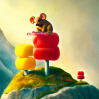 Eine Maus, die auf einem Gummibärchen in einer Berglandschaft reitet, Gemälde von Haribo