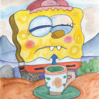 SpongeBob Schwammkopf verkleidet als Postbote, der eine Tasse Kaffee in einer Berglandschaft trinkt, Aquarelle von 5 Jahren