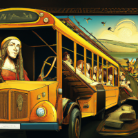 Monalisa driving a school bus in a rock concert, Painting by Leonardo Da Vinci